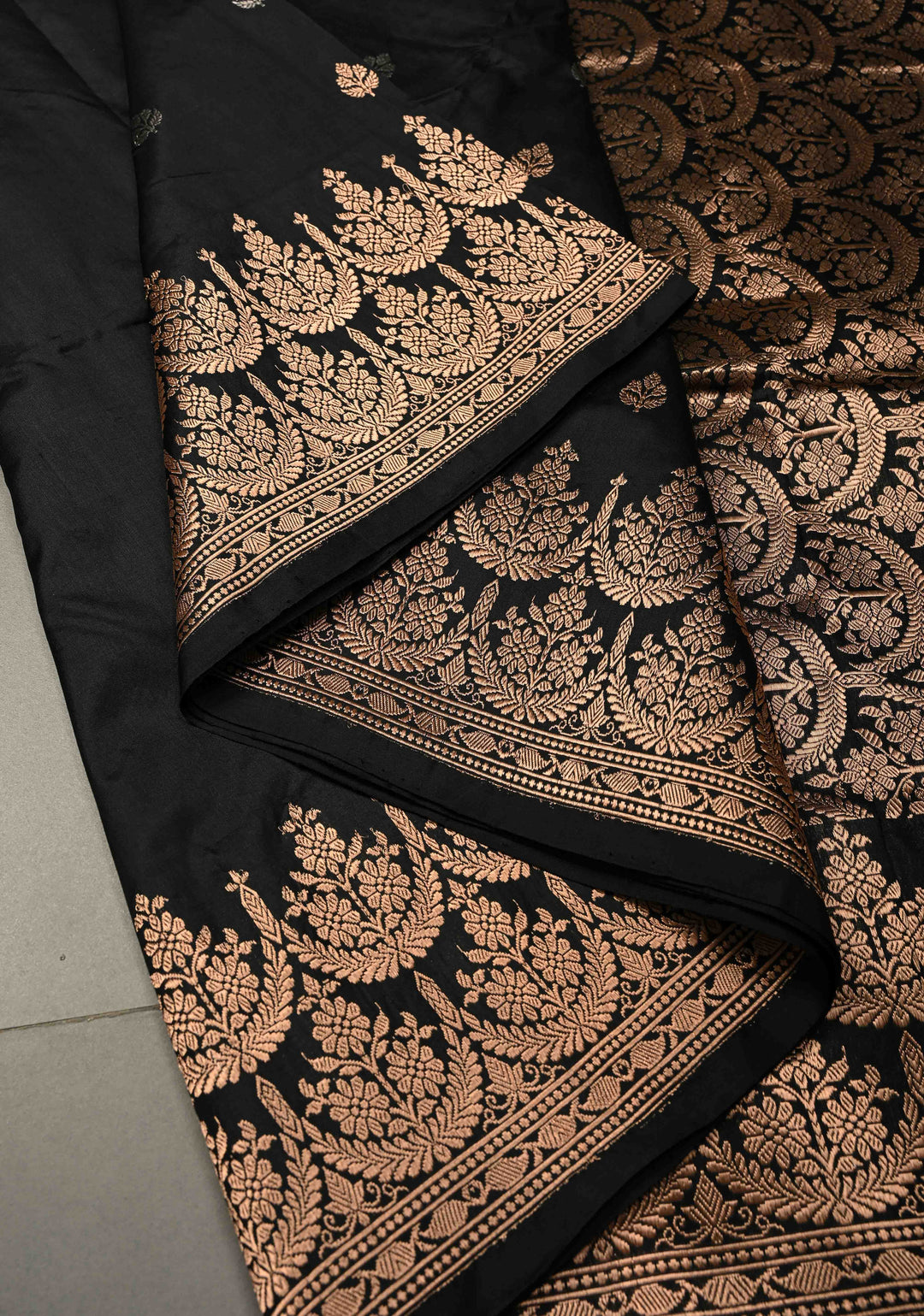 Black Katan Silk Handloom Saree with Sona Rupa Zari Buttas and Scallop Zari Border | SILK MARK CERTIFIED | SHOBITAM