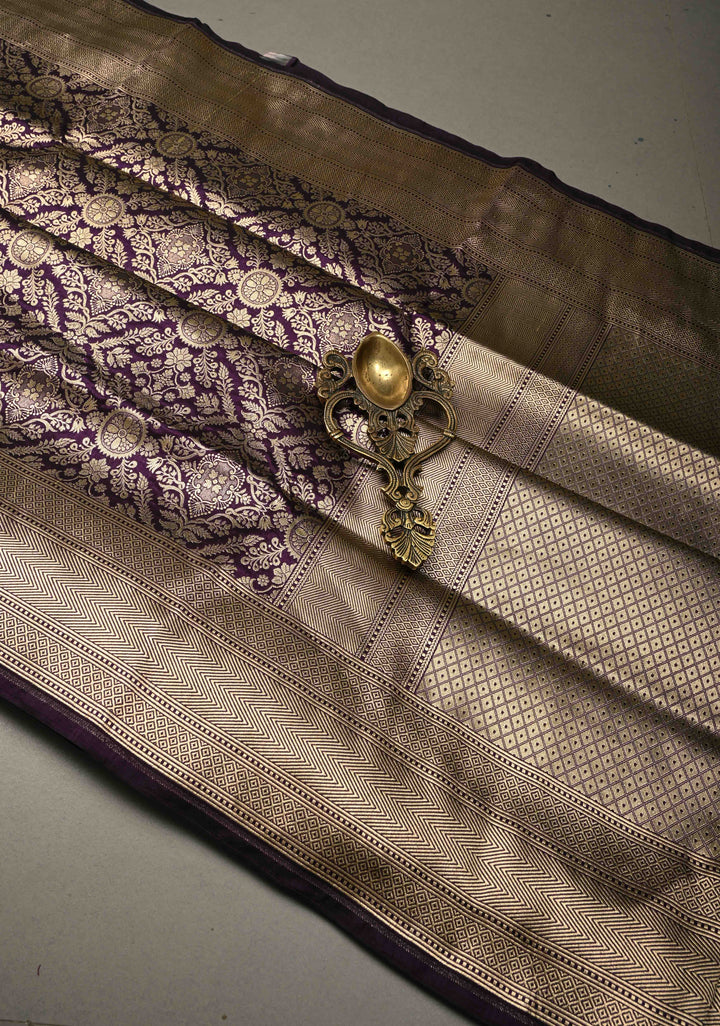 Eggplant Purple Banarasi Katan Silk Saree with Zari Brocade and Zari Border | SILK MARK CERTIFIEDl | SHOBITAM