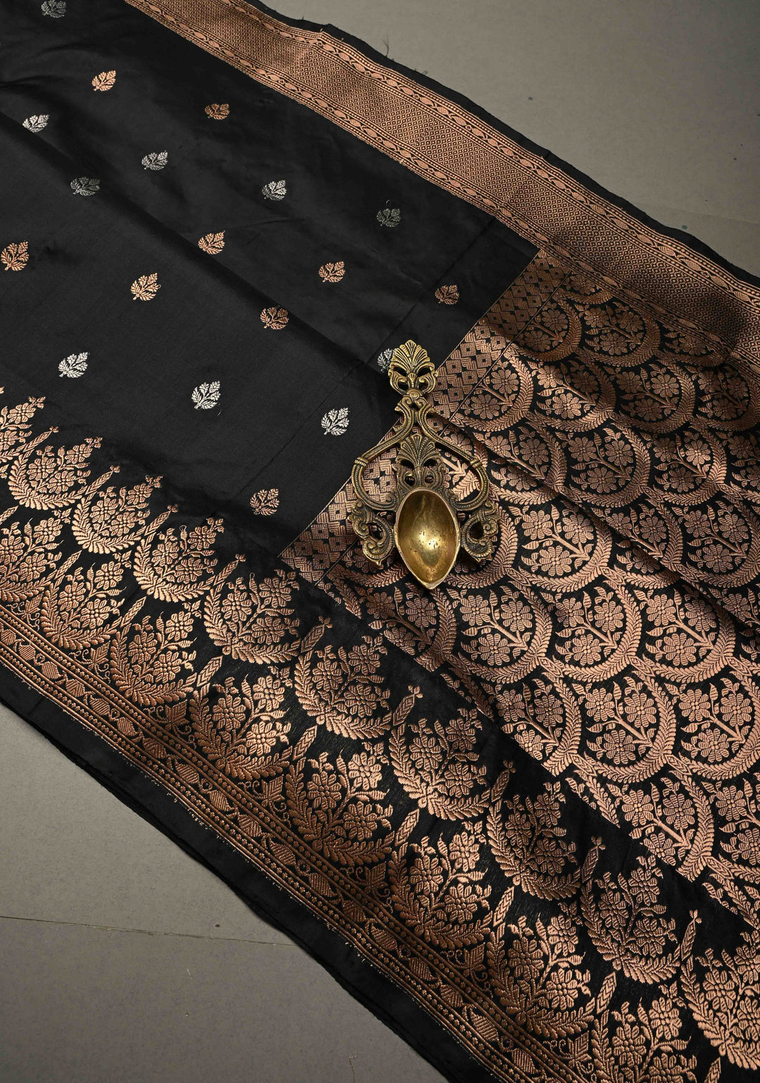 Black Katan Silk Handloom Saree with Sona Rupa Zari Buttas and Scallop Zari Border | SILK MARK CERTIFIED | SHOBITAM