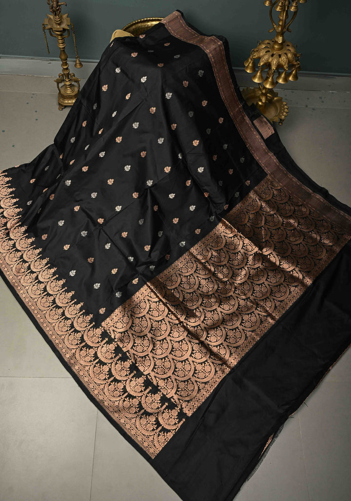 Black Katan Silk Handloom Saree with Sona Rupa Zari Buttas and Scallop Zari Border | SILK MARK CERTIFIED | SHOBITAM