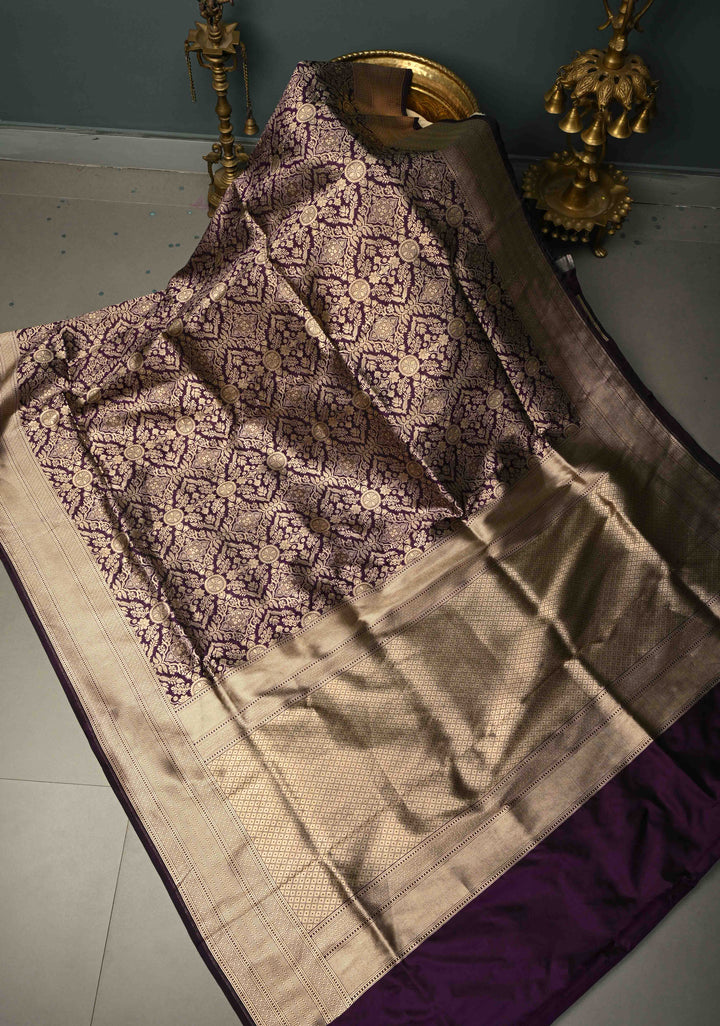 Eggplant Purple Banarasi Katan Silk Saree with Zari Brocade and Zari Border | SILK MARK CERTIFIEDl | SHOBITAM