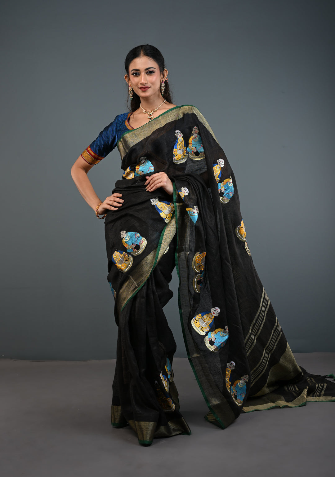 Golu Dolls Embroidery Saree in Black on Pure Linen by Linen | Shobitam saree