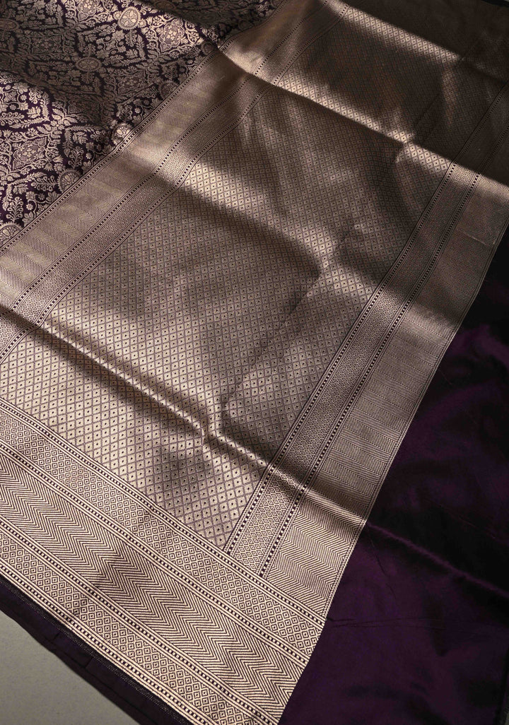 Deep Purple Banarasi Katan Silk Saree with Zari Brocade and Zari Border | SILK MARK CERTIFIEDl | SHOBITAM