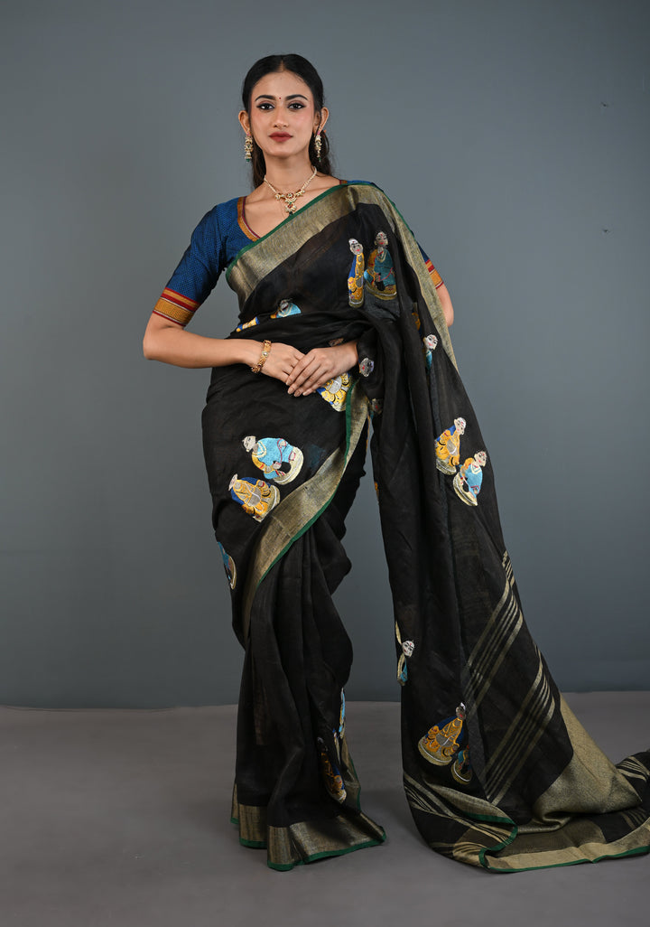 Golu Dolls Embroidery Saree in Black on Pure Linen by Linen | Shobitam saree