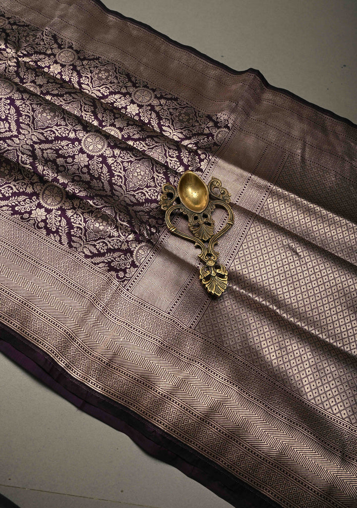 Deep Purple Banarasi Katan Silk Saree with Zari Brocade and Zari Border | SILK MARK CERTIFIEDl | SHOBITAM