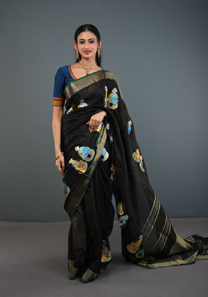Golu Dolls Embroidery Saree in Black on Pure Linen by Linen | Shobitam saree