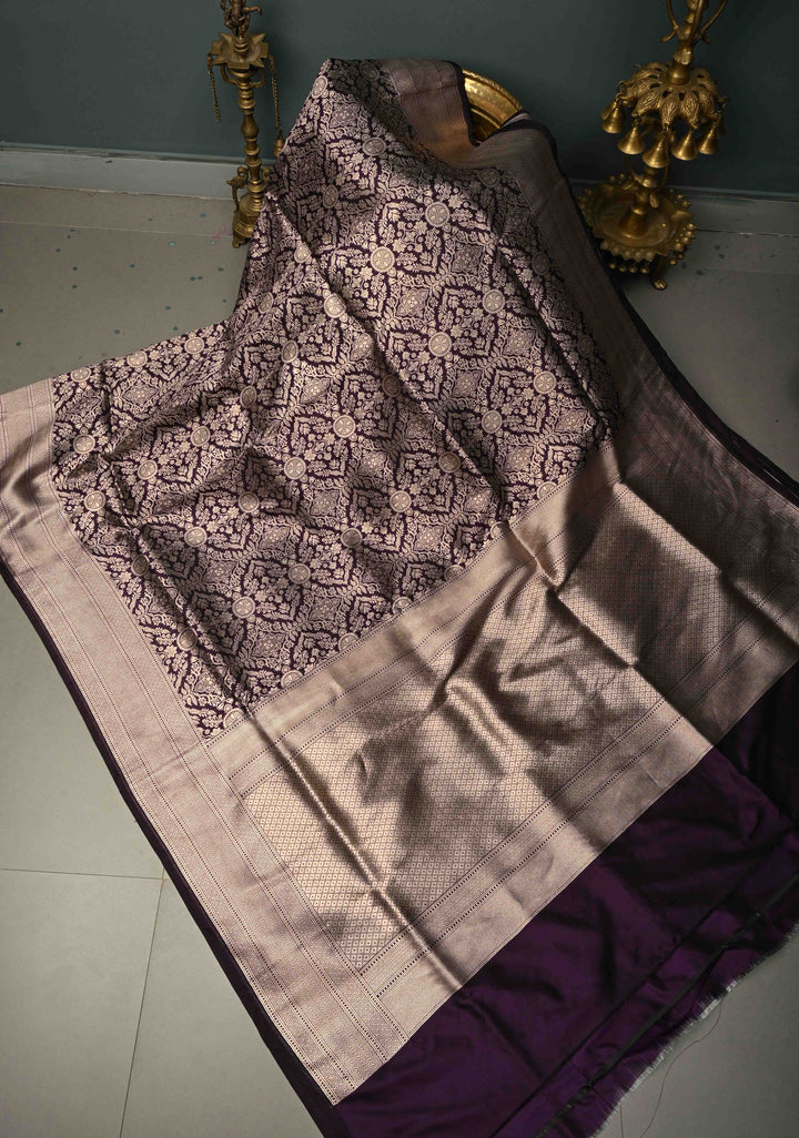 Deep Purple Banarasi Katan Silk Saree with Zari Brocade and Zari Border | SILK MARK CERTIFIEDl | SHOBITAM