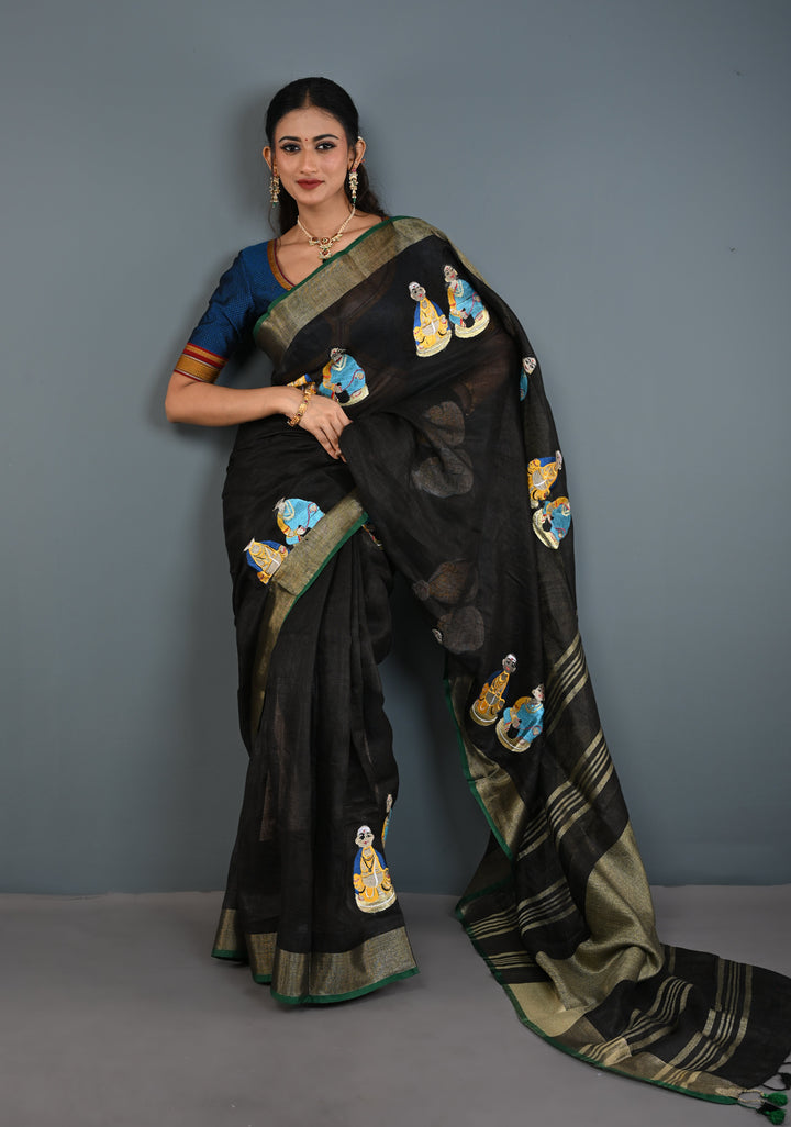 Golu Dolls Embroidery Saree in Black on Pure Linen by Linen | Shobitam saree