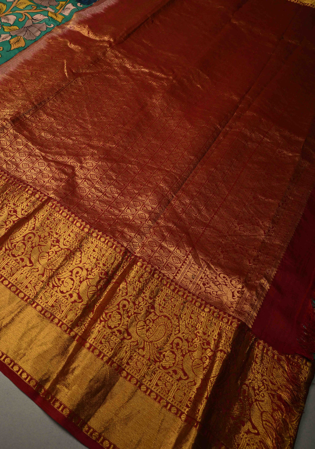 Navarasa (9 Emotional) Theme : Green Authentic Pen Kalamkari Handpainted on Pure Kanjivaram Silk Saree with Contrast Zari Border | SILK MARK CERTIFIED | SHOBITAM