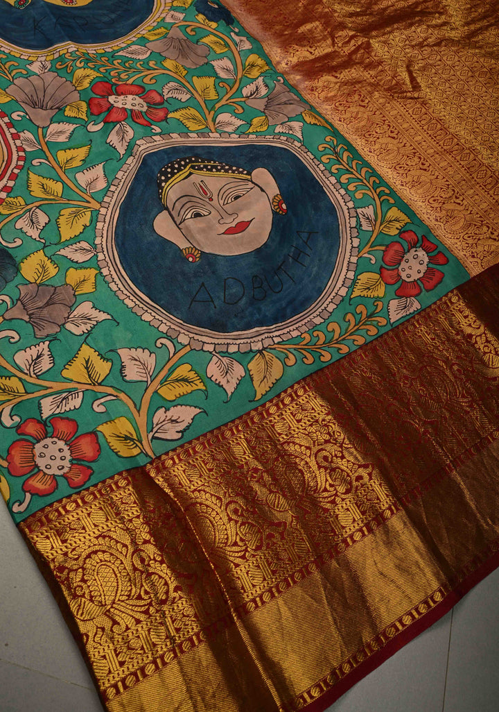 Navarasa (9 Emotional) Theme : Green Authentic Pen Kalamkari Handpainted on Pure Kanjivaram Silk Saree with Contrast Zari Border | SILK MARK CERTIFIED | SHOBITAM