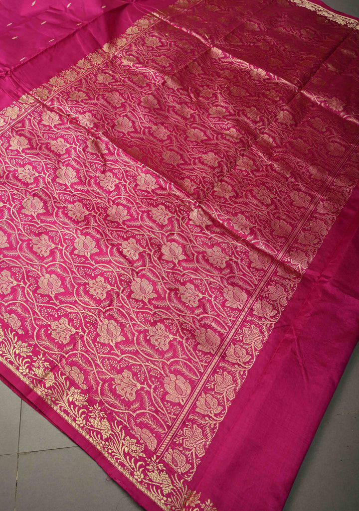 Rani Pink Lightweight Katan Silk Handloom Saree with Resham Buttas and Border | SILK MARK CERTIFIED | SHOBITAM