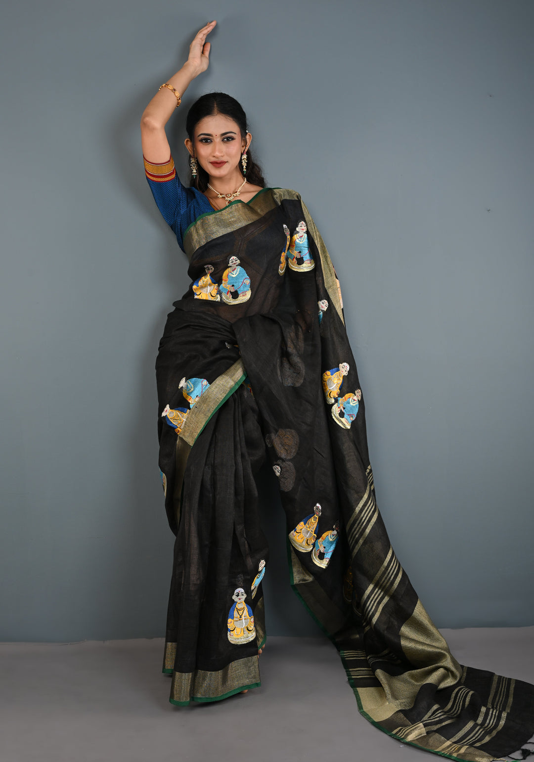 Golu Dolls Embroidery Saree in Black on Pure Linen by Linen | Shobitam saree