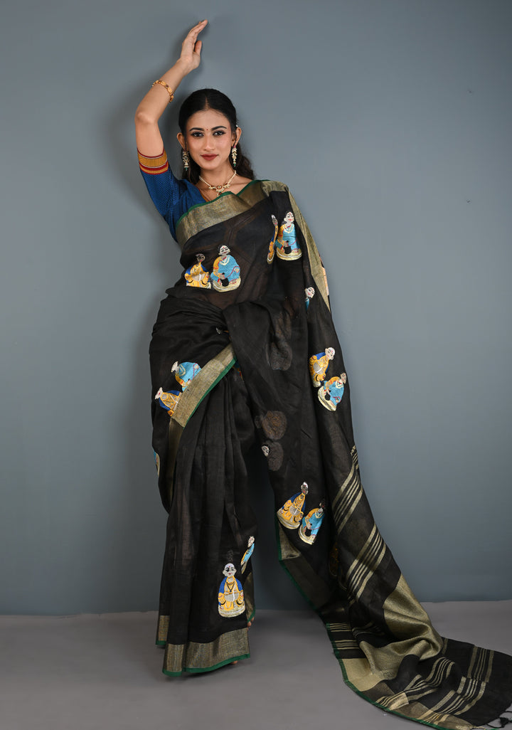 Golu Dolls Embroidery Saree in Black on Pure Linen by Linen | Shobitam saree