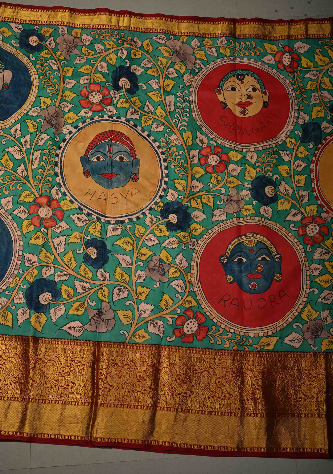 Navarasa (9 Emotional) Theme : Green Authentic Pen Kalamkari Handpainted on Pure Kanjivaram Silk Saree with Contrast Zari Border | SILK MARK CERTIFIED | SHOBITAM