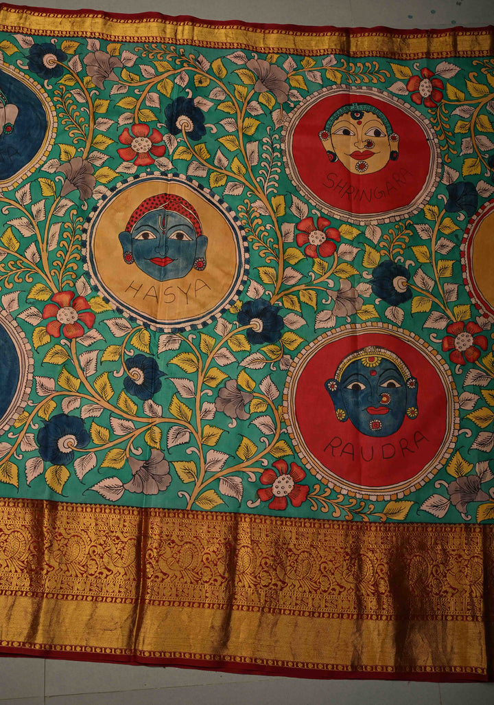 Navarasa (9 Emotional) Theme : Green Authentic Pen Kalamkari Handpainted on Pure Kanjivaram Silk Saree with Contrast Zari Border | SILK MARK CERTIFIED | SHOBITAM