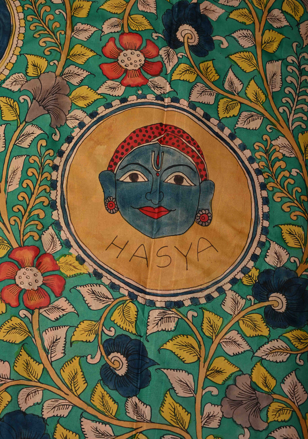 Navarasa (9 Emotional) Theme : Green Authentic Pen Kalamkari Handpainted on Pure Kanjivaram Silk Saree with Contrast Zari Border | SILK MARK CERTIFIED | SHOBITAM