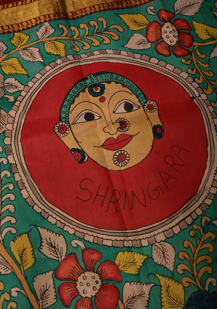 Navarasa (9 Emotional) Theme : Green Authentic Pen Kalamkari Handpainted on Pure Kanjivaram Silk Saree with Contrast Zari Border | SILK MARK CERTIFIED | SHOBITAM
