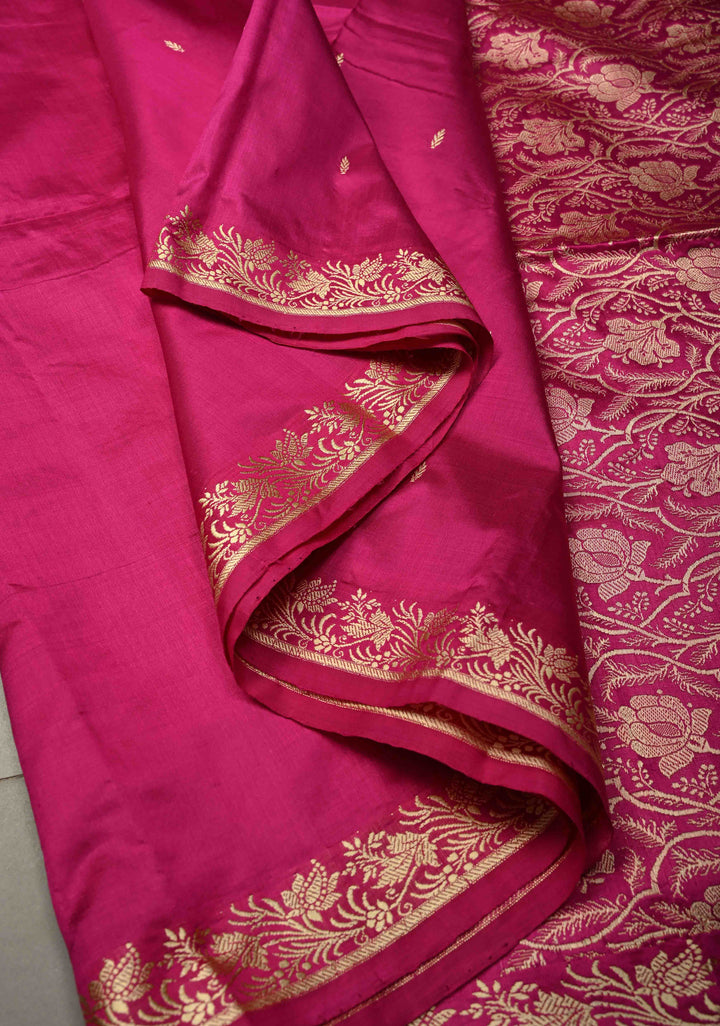 Rani Pink Lightweight Katan Silk Handloom Saree with Resham Buttas and Border | SILK MARK CERTIFIED | SHOBITAM
