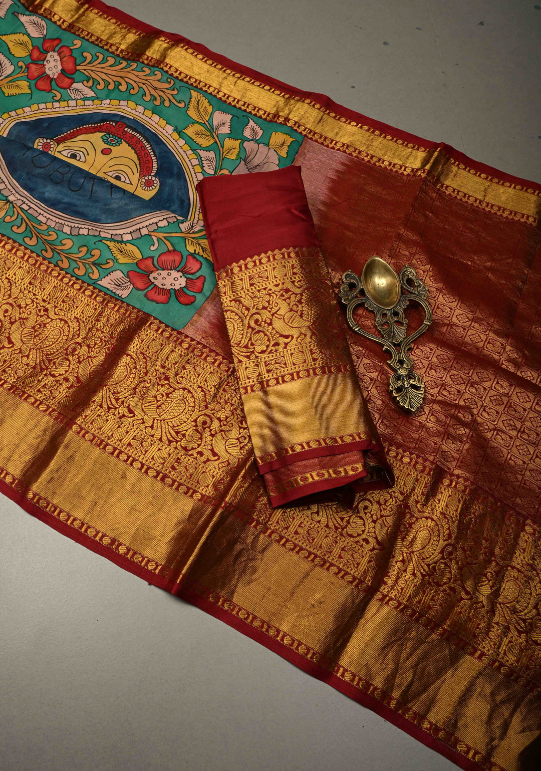 Navarasa (9 Emotional) Theme : Green Authentic Pen Kalamkari Handpainted on Pure Kanjivaram Silk Saree with Contrast Zari Border | SILK MARK CERTIFIED | SHOBITAM