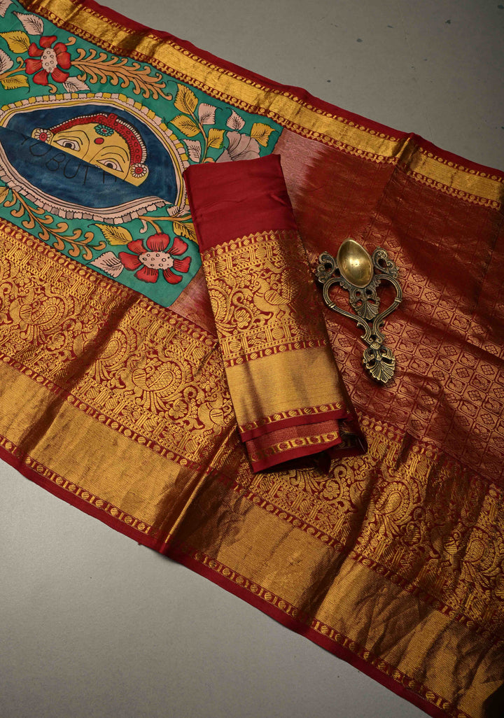 Navarasa (9 Emotional) Theme : Green Authentic Pen Kalamkari Handpainted on Pure Kanjivaram Silk Saree with Contrast Zari Border | SILK MARK CERTIFIED | SHOBITAM