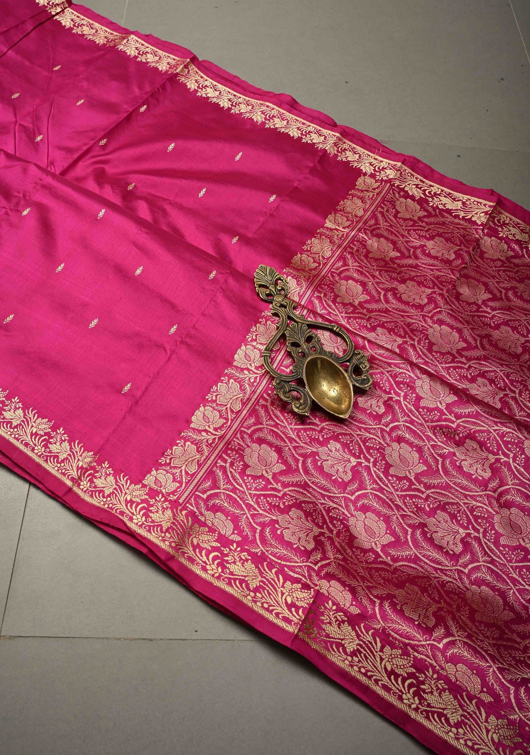 Rani Pink Lightweight Katan Silk Handloom Saree with Resham Buttas and Border | SILK MARK CERTIFIED | SHOBITAM