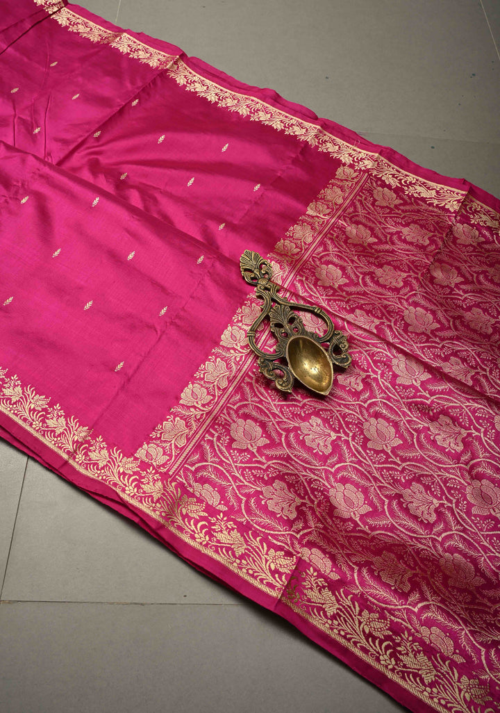 Rani Pink Lightweight Katan Silk Handloom Saree with Resham Buttas and Border | SILK MARK CERTIFIED | SHOBITAM