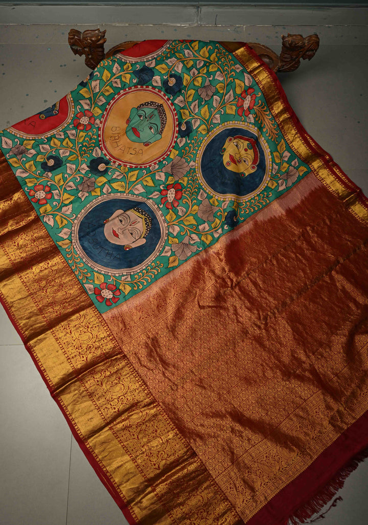 Navarasa (9 Emotional) Theme : Green Authentic Pen Kalamkari Handpainted on Pure Kanjivaram Silk Saree with Contrast Zari Border | SILK MARK CERTIFIED | SHOBITAM