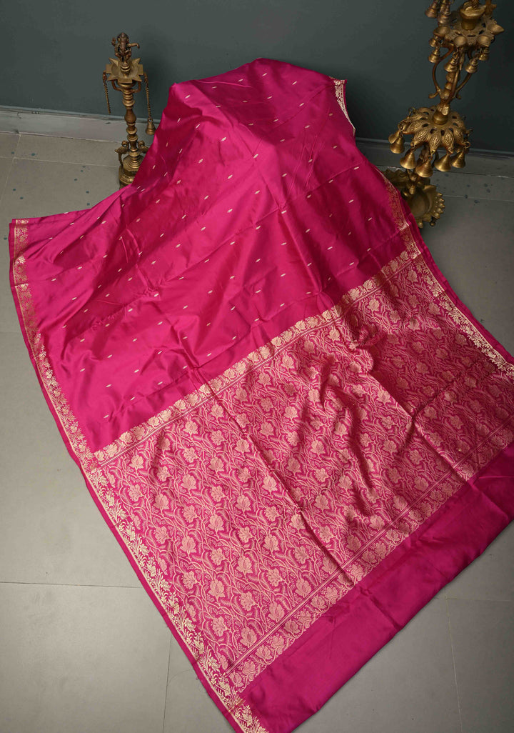 Rani Pink Lightweight Katan Silk Handloom Saree with Resham Buttas and Border | SILK MARK CERTIFIED | SHOBITAM