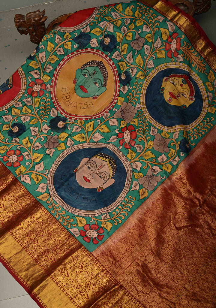 Navarasa (9 Emotional) Theme : Green Authentic Pen Kalamkari Handpainted on Pure Kanjivaram Silk Saree with Contrast Zari Border | SILK MARK CERTIFIED | SHOBITAM
