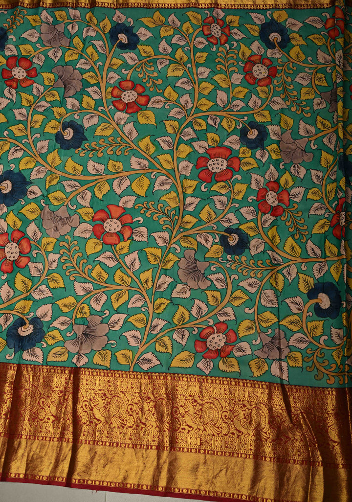 Navarasa (9 Emotional) Theme : Green Authentic Pen Kalamkari Handpainted on Pure Kanjivaram Silk Saree with Contrast Zari Border | SILK MARK CERTIFIED | SHOBITAM