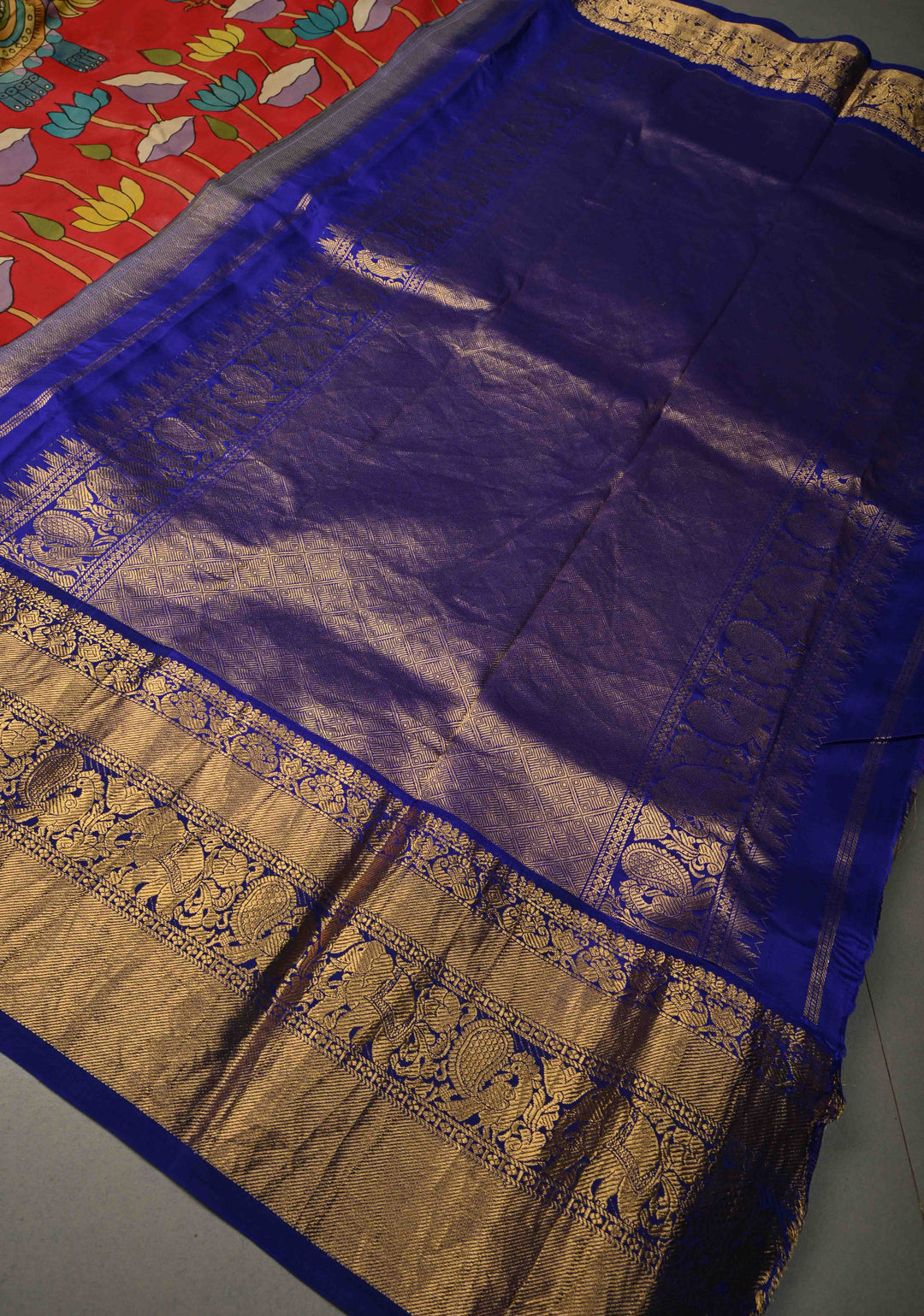 Pichwai and Srinathji Theme : Authentic Pen Kalamkari Handpainted on Pure Kanjivaram Silk Saree with Contrast Zari Border | SILK MARK CERTIFIED | SHOBITAM