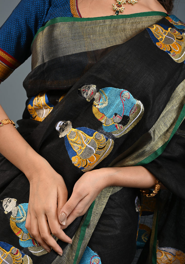 Golu Dolls Embroidery Saree in Black on Pure Linen by Linen | Shobitam saree