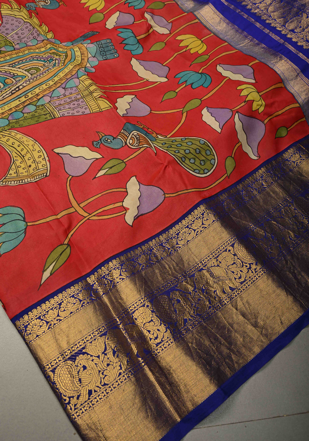 Pichwai and Srinathji Theme : Authentic Pen Kalamkari Handpainted on Pure Kanjivaram Silk Saree with Contrast Zari Border | SILK MARK CERTIFIED | SHOBITAM