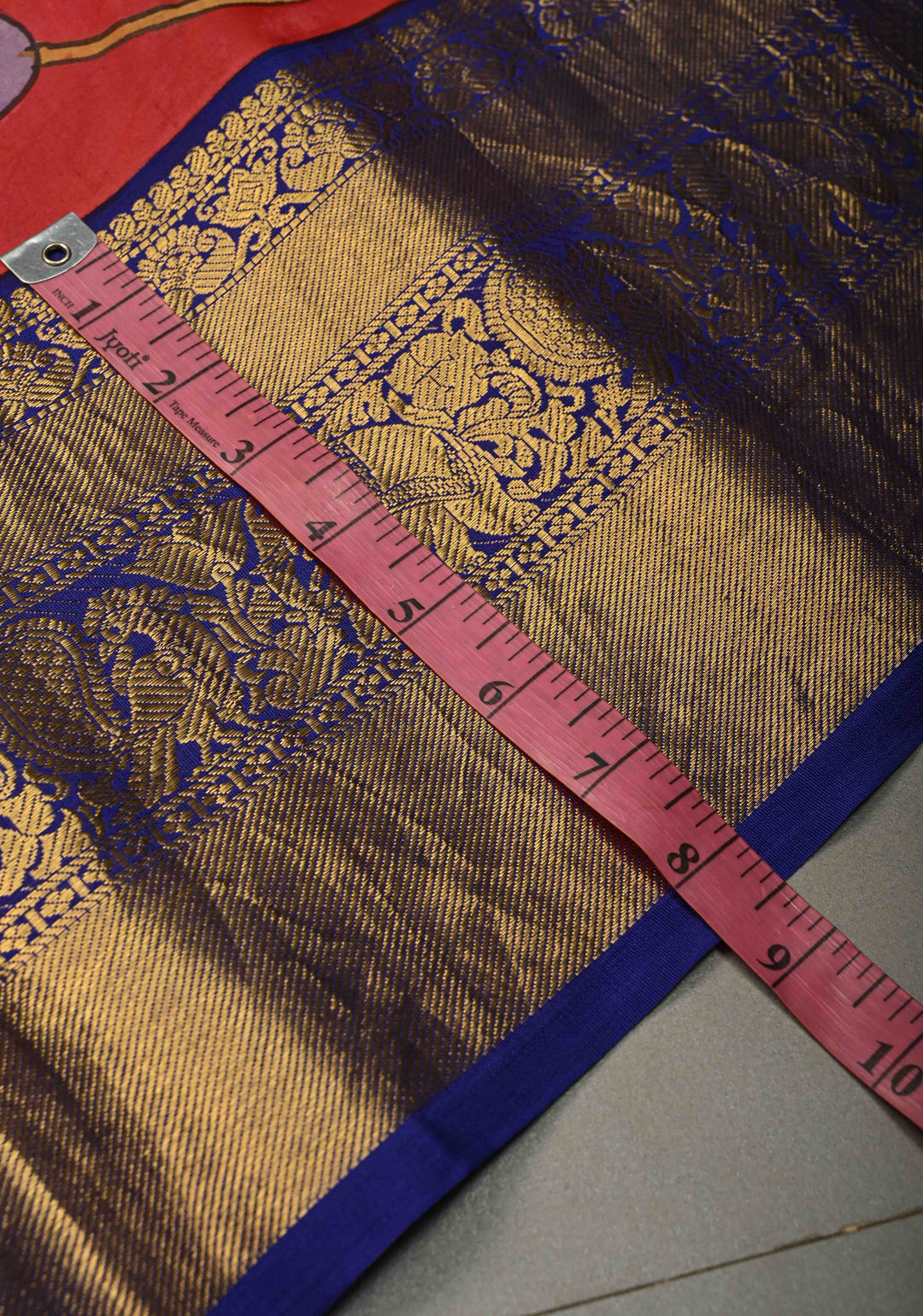 Pichwai and Srinathji Theme : Authentic Pen Kalamkari Handpainted on Pure Kanjivaram Silk Saree with Contrast Zari Border | SILK MARK CERTIFIED | SHOBITAM