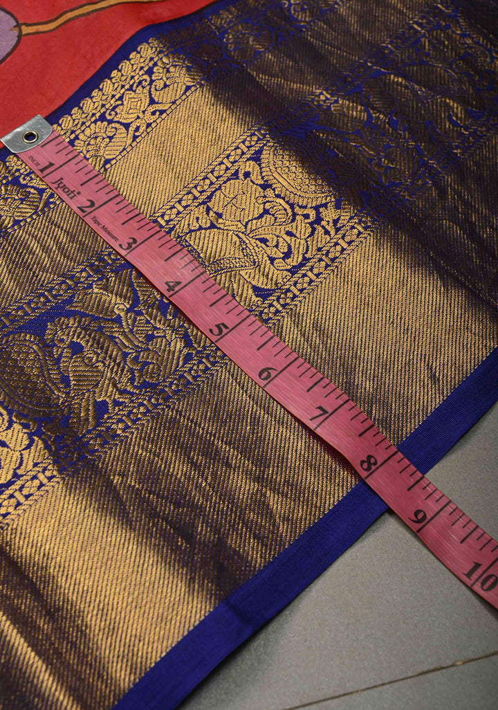 Pichwai and Srinathji Theme : Authentic Pen Kalamkari Handpainted on Pure Kanjivaram Silk Saree with Contrast Zari Border | SILK MARK CERTIFIED | SHOBITAM