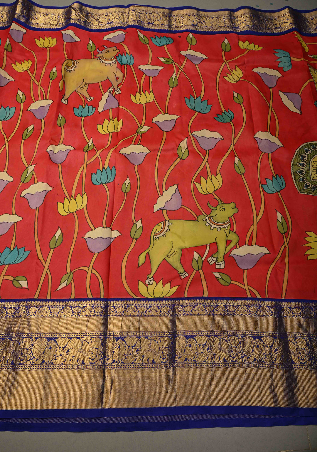 Pichwai and Srinathji Theme : Authentic Pen Kalamkari Handpainted on Pure Kanjivaram Silk Saree with Contrast Zari Border | SILK MARK CERTIFIED | SHOBITAM