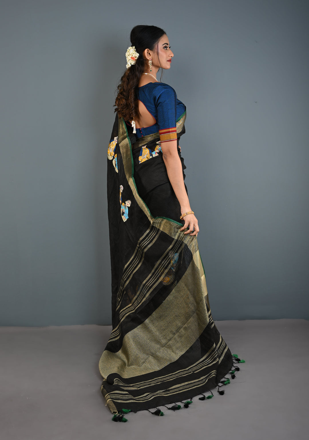 Golu Dolls Embroidery Saree in Black on Pure Linen by Linen | Shobitam saree
