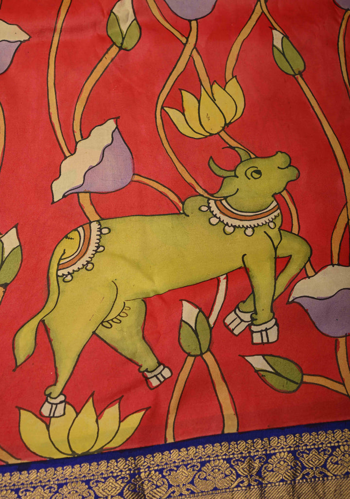 Pichwai and Srinathji Theme : Authentic Pen Kalamkari Handpainted on Pure Kanjivaram Silk Saree with Contrast Zari Border | SILK MARK CERTIFIED | SHOBITAM