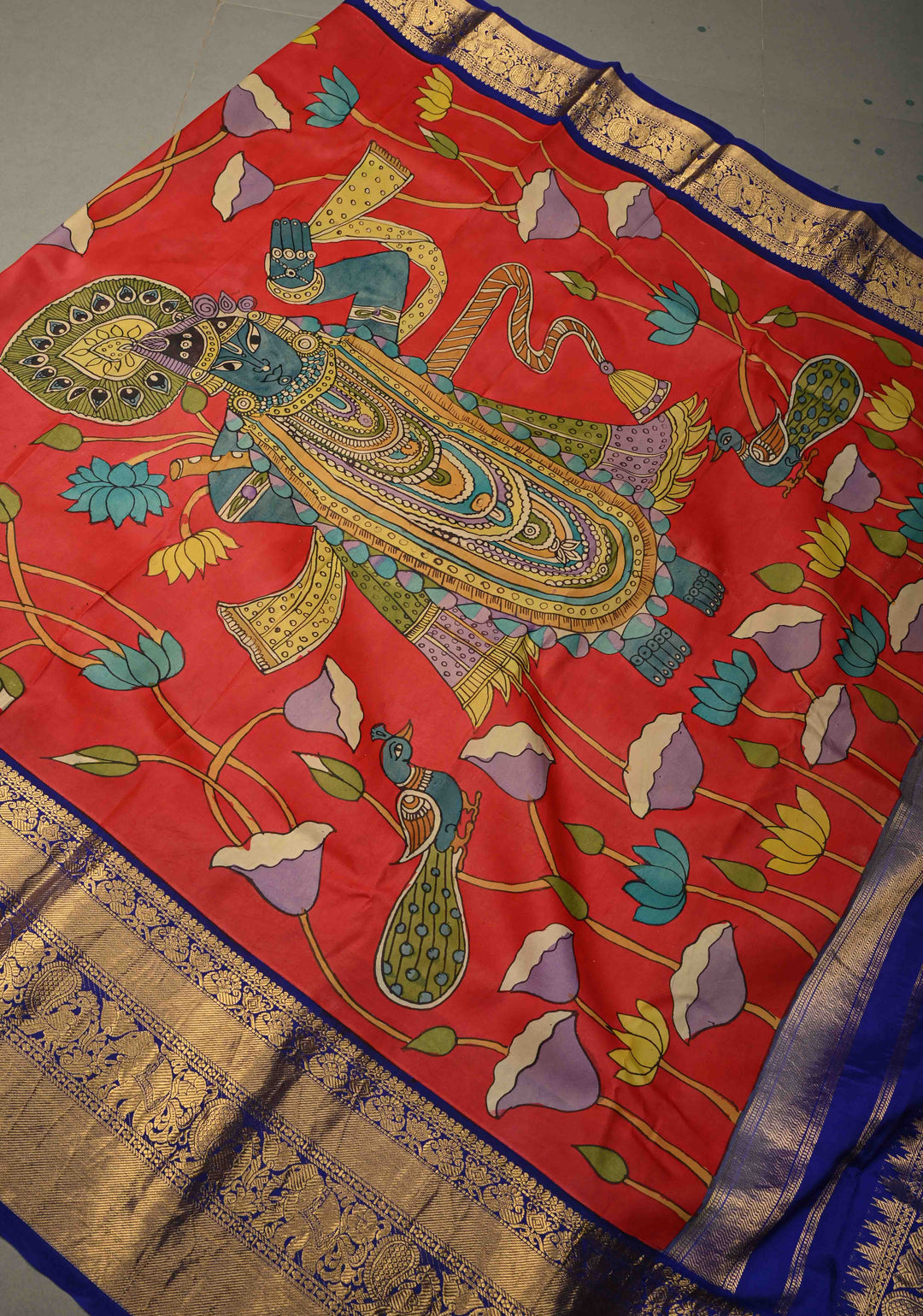 Pichwai and Srinathji Theme : Authentic Pen Kalamkari Handpainted on Pure Kanjivaram Silk Saree with Contrast Zari Border | SILK MARK CERTIFIED | SHOBITAM