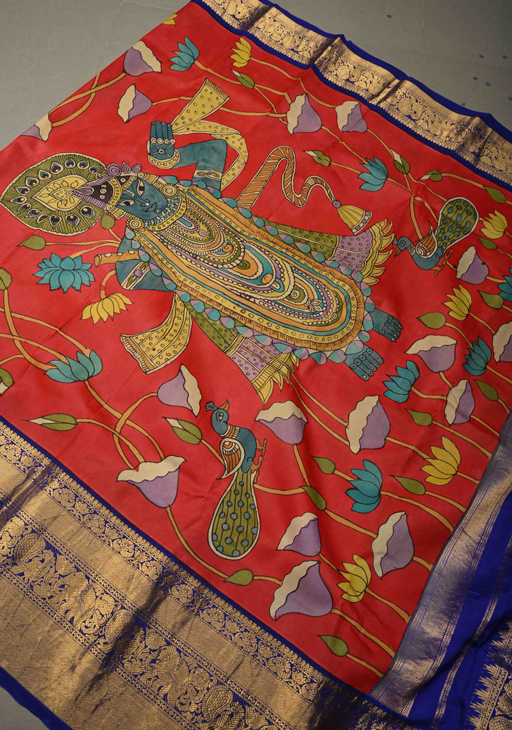Pichwai and Srinathji Theme : Authentic Pen Kalamkari Handpainted on Pure Kanjivaram Silk Saree with Contrast Zari Border | SILK MARK CERTIFIED | SHOBITAM