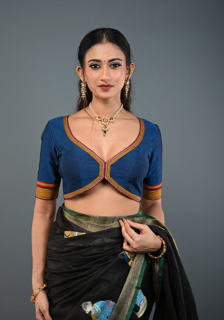 Blue-Black Khana Silk Blouse with V Neck and Cutout Design on Back, Customizable, Made to Order