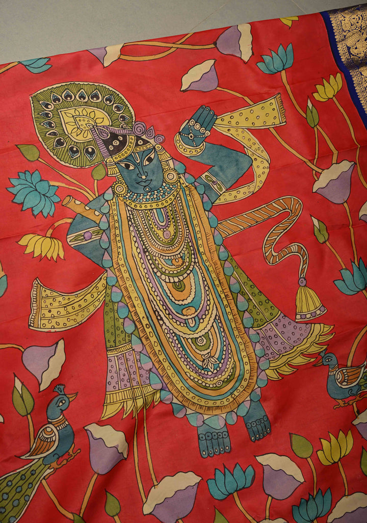 Pichwai and Srinathji Theme : Authentic Pen Kalamkari Handpainted on Pure Kanjivaram Silk Saree with Contrast Zari Border | SILK MARK CERTIFIED | SHOBITAM