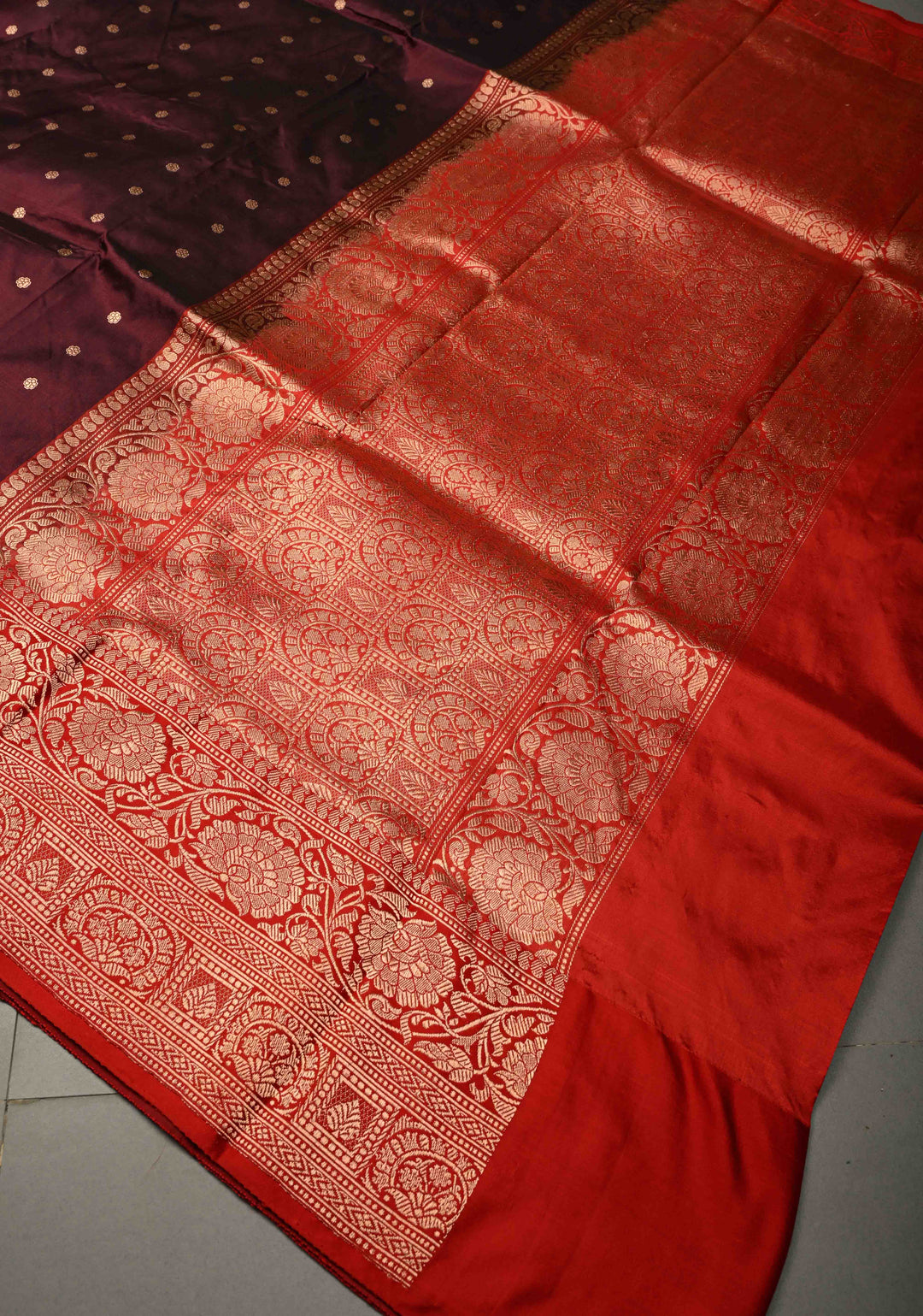 Maroon Katan Silk Handloom Saree with Chunri Buttis and Contrast Zari Border | SILK MARK CERTIFIED | SHOBITAM