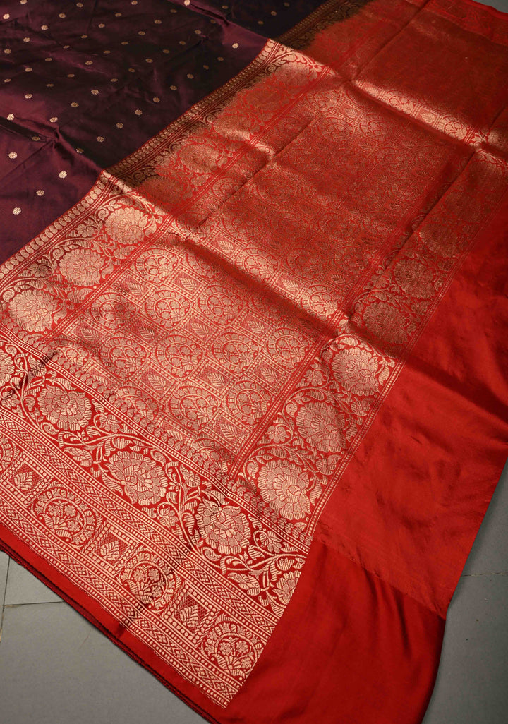 Maroon Katan Silk Handloom Saree with Chunri Buttis and Contrast Zari Border | SILK MARK CERTIFIED | SHOBITAM