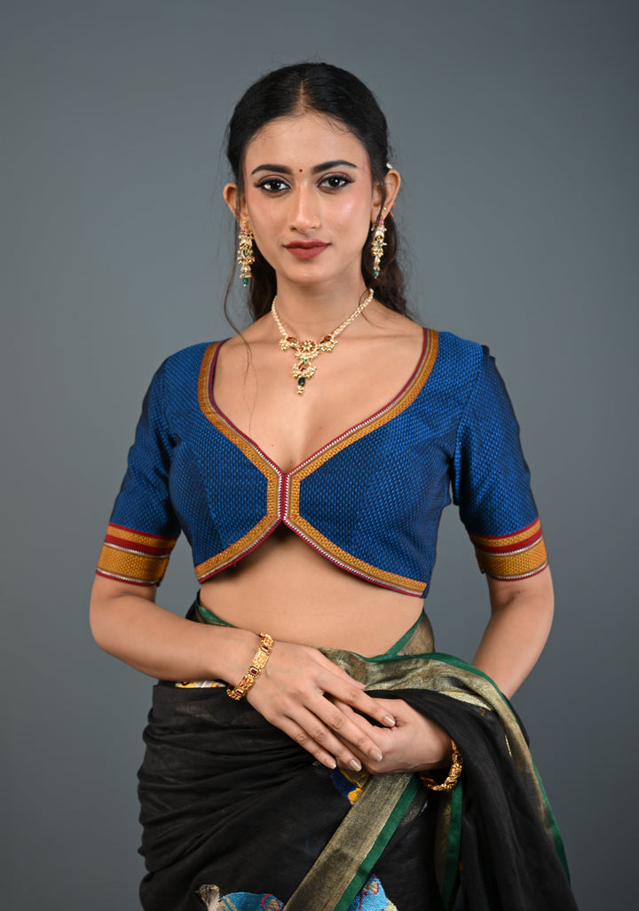 Blue-Black Khana Silk Blouse with V Neck and Cutout Design on Back, Customizable, Made to Order
