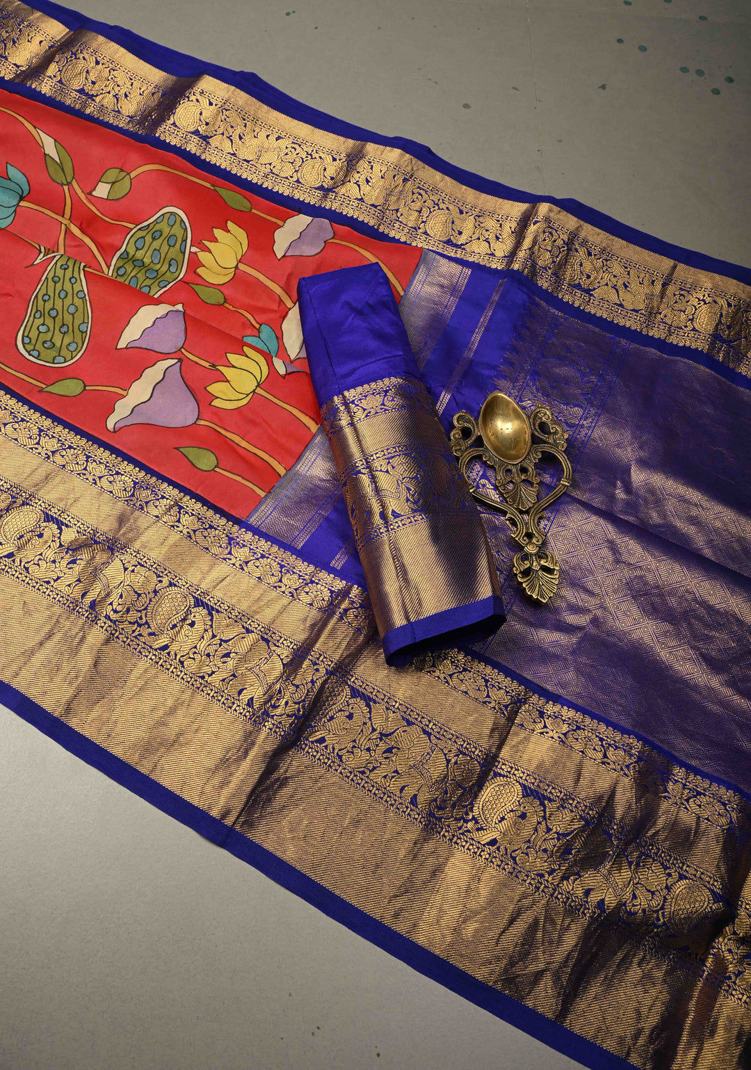 Pichwai and Srinathji Theme : Authentic Pen Kalamkari Handpainted on Pure Kanjivaram Silk Saree with Contrast Zari Border | SILK MARK CERTIFIED | SHOBITAM