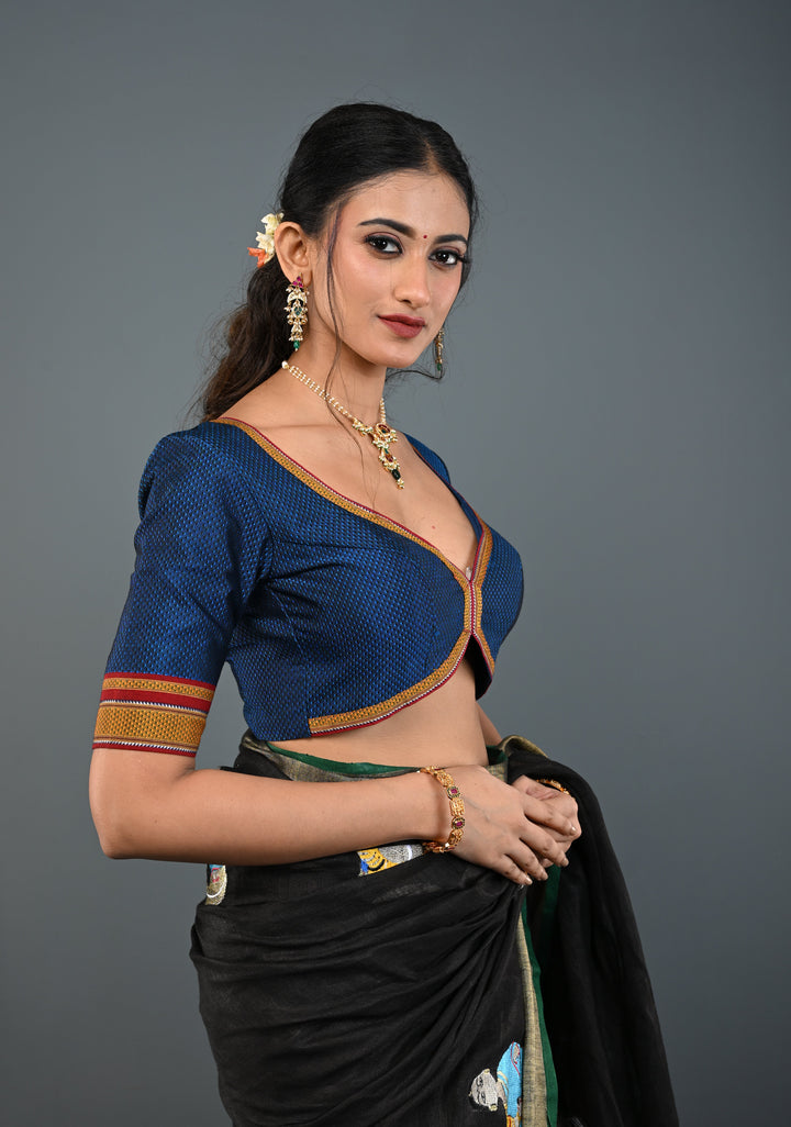 Blue-Black Khana Silk Blouse with V Neck and Cutout Design on Back, Customizable, Made to Order