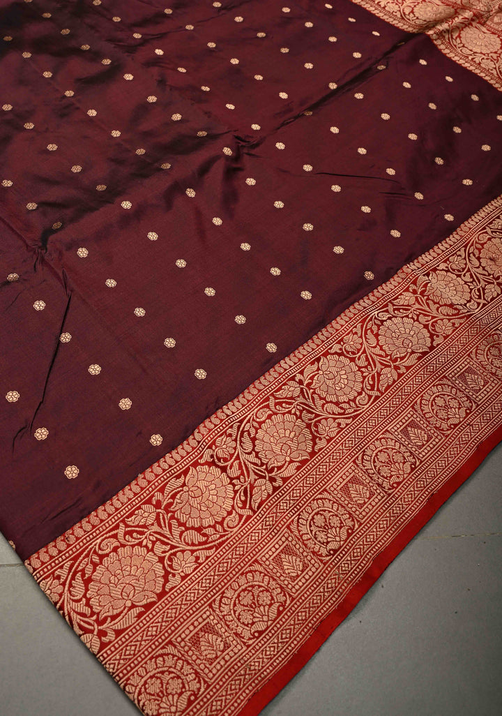 Maroon Katan Silk Handloom Saree with Chunri Buttis and Contrast Zari Border | SILK MARK CERTIFIED | SHOBITAM