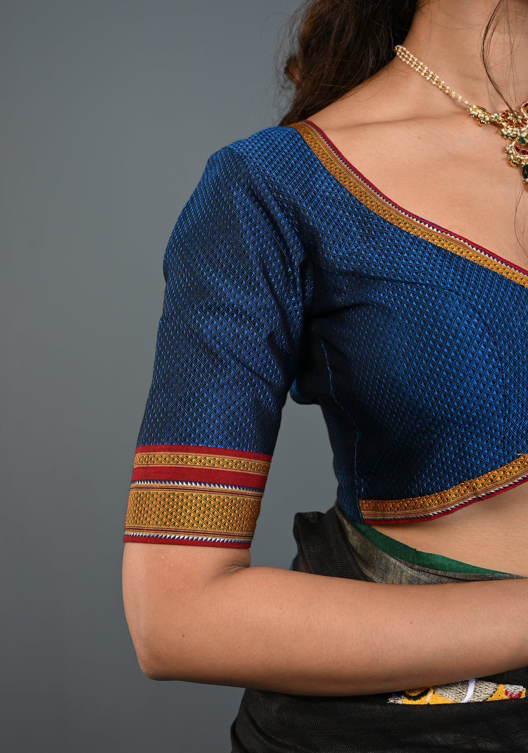 Blue-Black Khana Silk Blouse with V Neck and Cutout Design on Back, Customizable, Made to Order