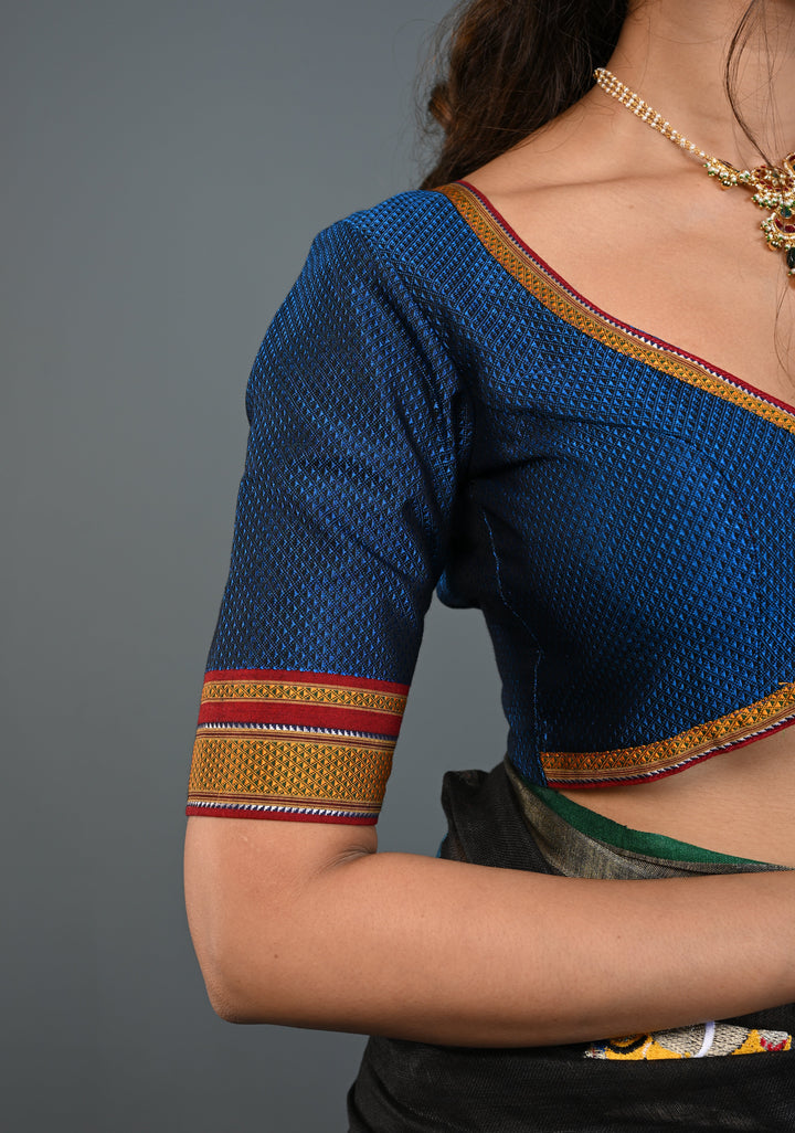 Blue-Black Khana Silk Blouse with V Neck and Cutout Design on Back, Customizable, Made to Order